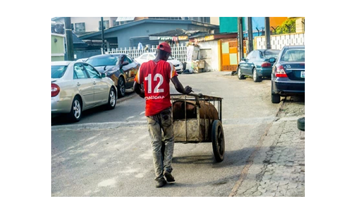 Cart pusher carts away child in a sack